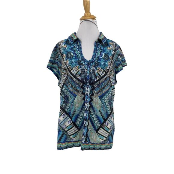 Lucky In Love Blouse Womens XL Extra large Multi Johnny Collar Short Sleeve Top - Picture 1 of 10